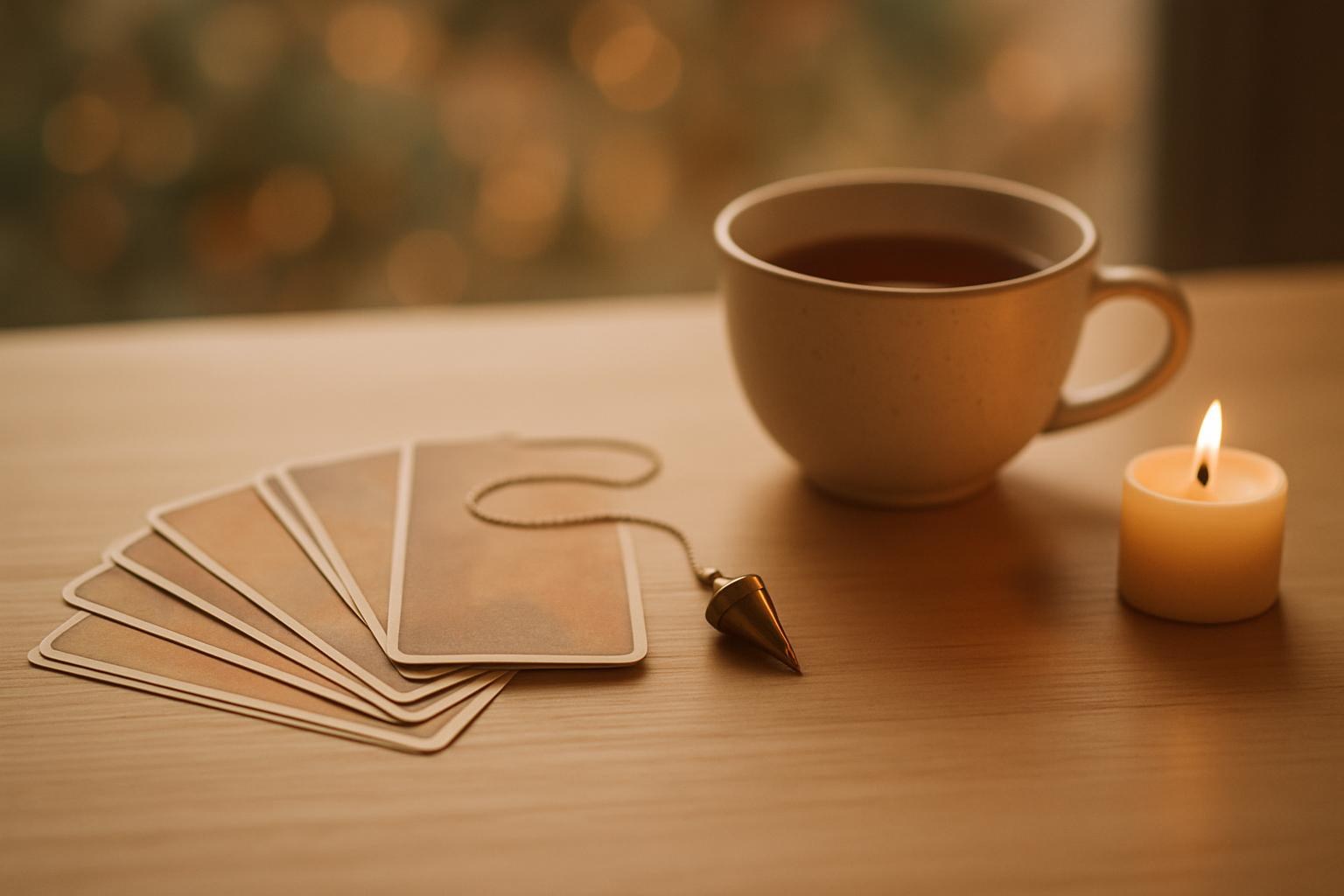 Aufgeschlagenes Notizbuch mit Stift neben einer Tasse Tee am Fenster