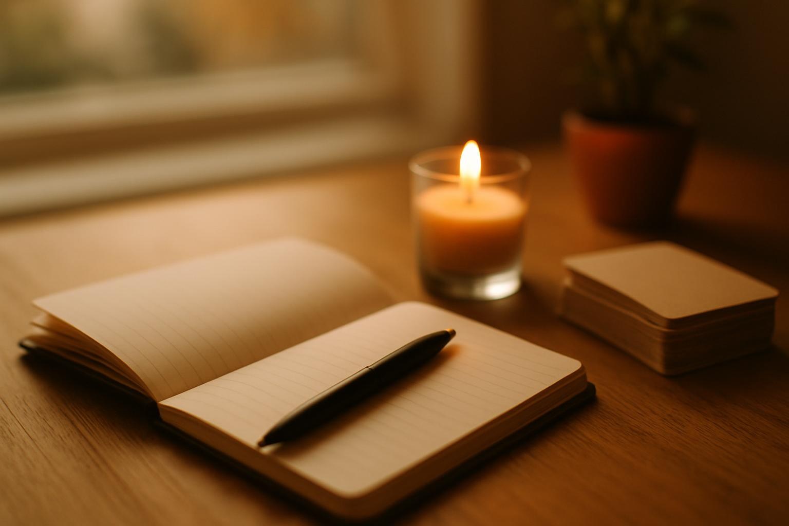 Notizbuch mit Stift, Kerze und Kartenstapel auf einem ruhigen Tisch