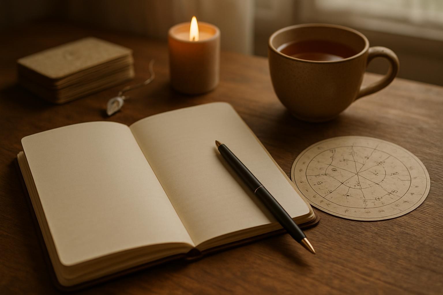 Offenes Notizbuch mit Stift und Sternkarte neben einer Tasse Tee