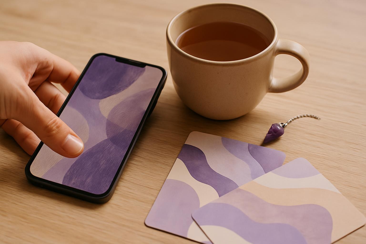 Nahaufnahme: Hand legt Smartphone neben Teetasse, Karten und Kristallanhänger auf einen hellen Holztisch