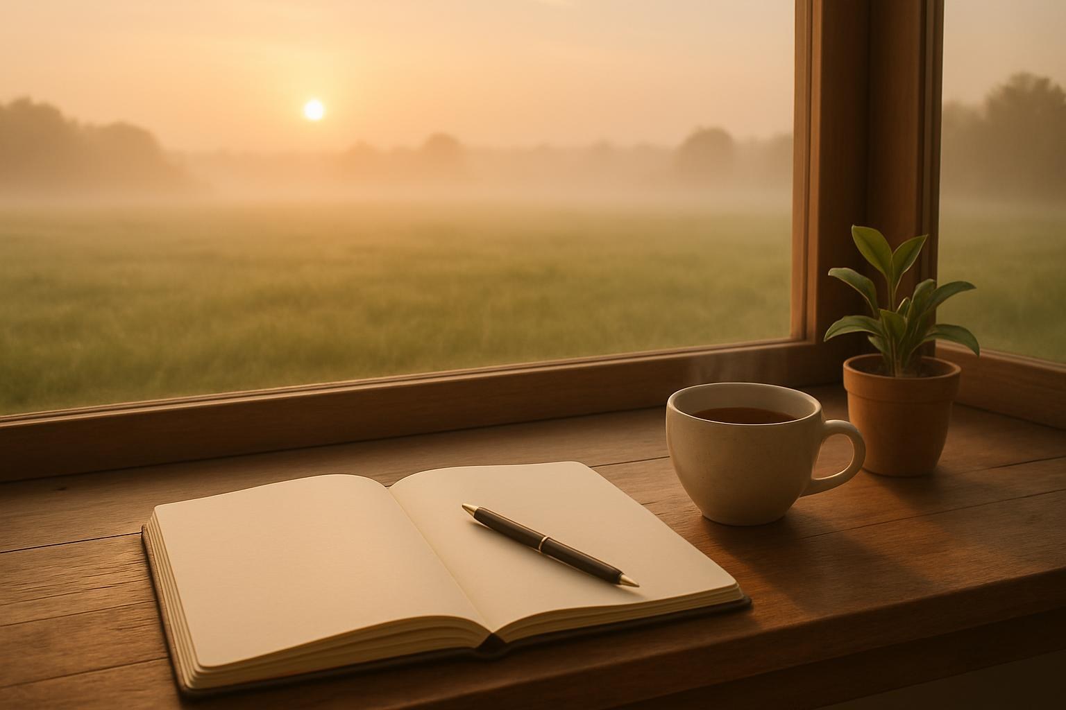 Holztisch am Fenster mit leerem Notizbuch, Stift und Tasse Tee im warmen Licht